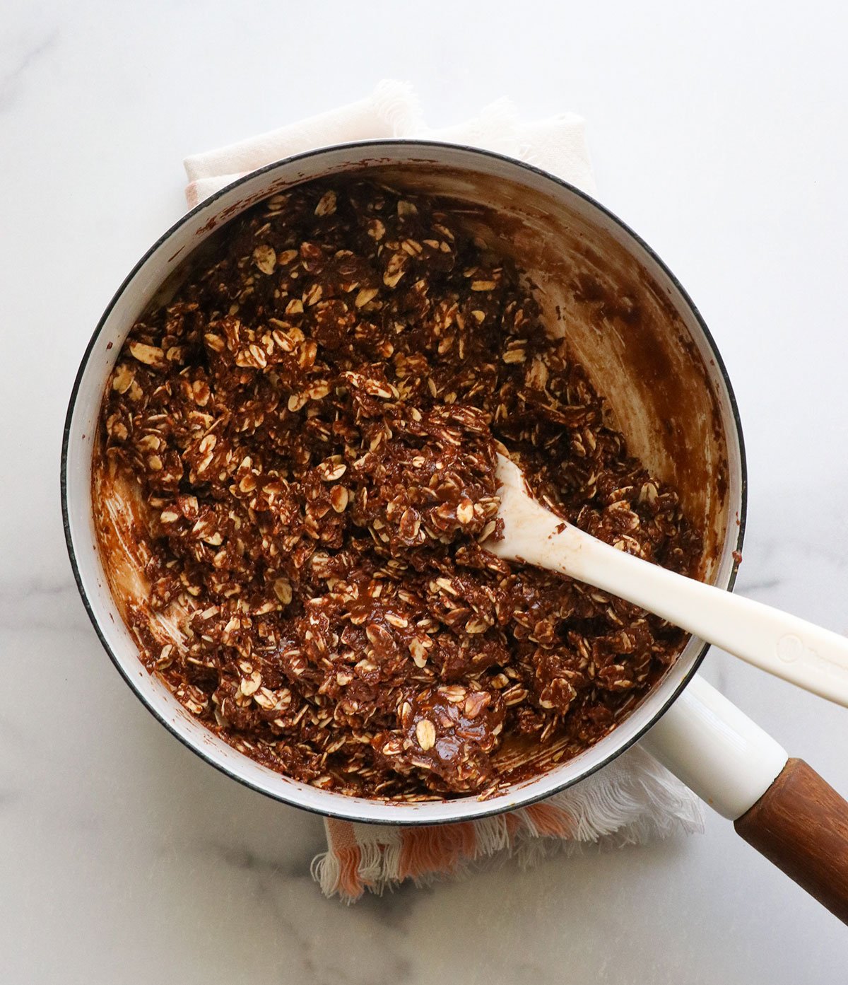 oats mixed into chocolate mixture.