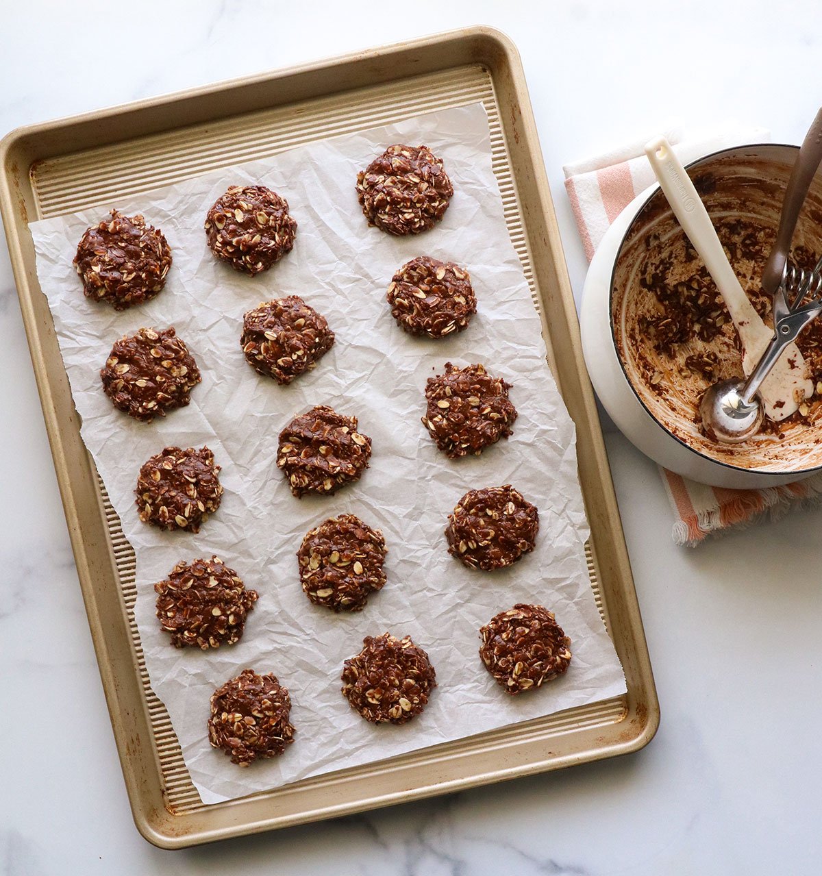 no bake cookies on a parchment lined pan.