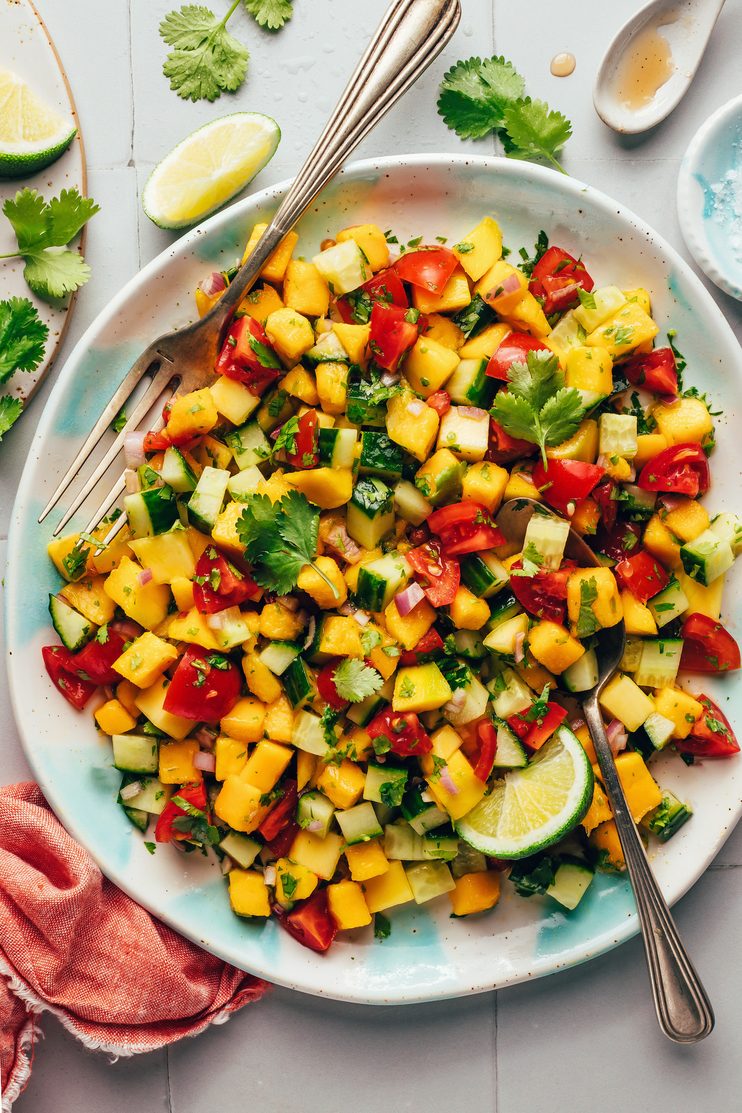 Overhead photo of a plate of mango cucumber salad