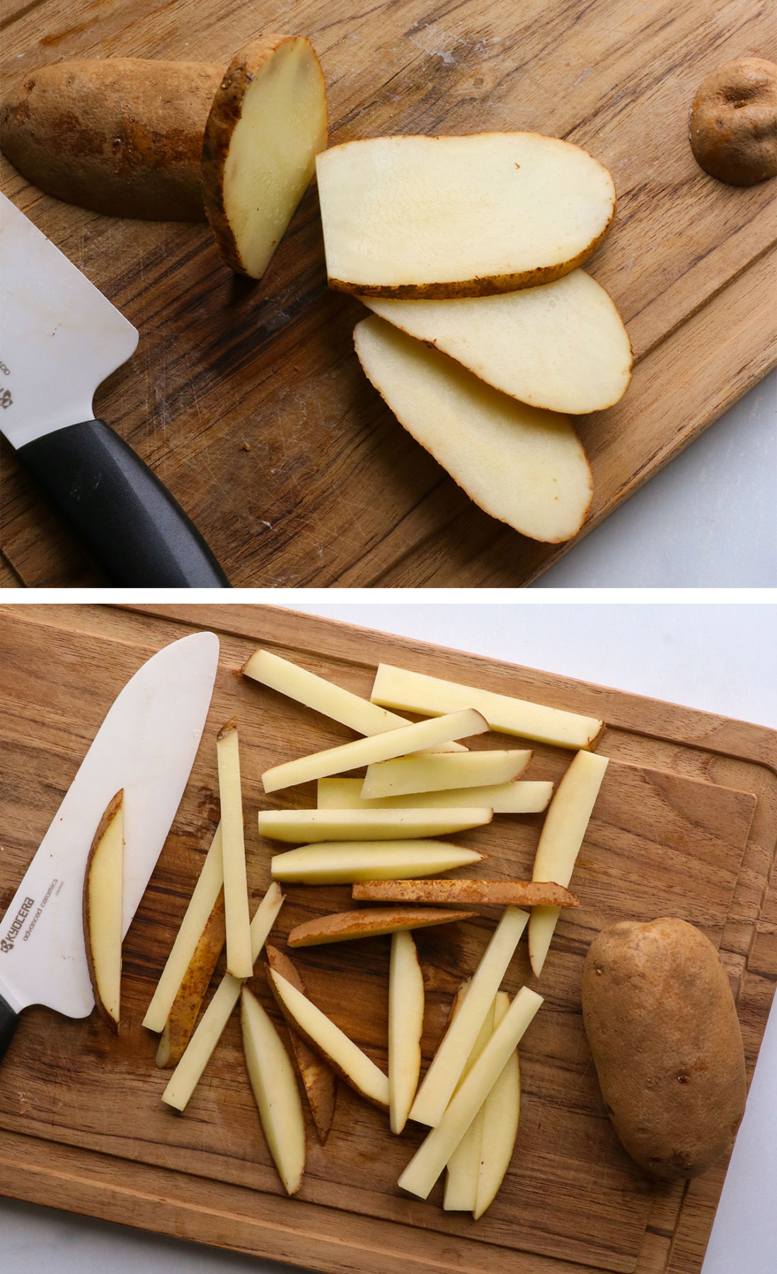 potato sliced thinly and then into fries on a cutting board.