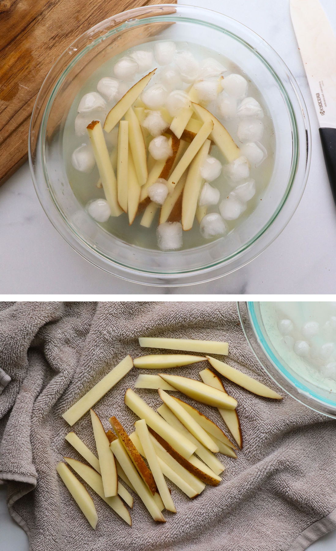 french fries soaked in ice water and then dried on a towel.