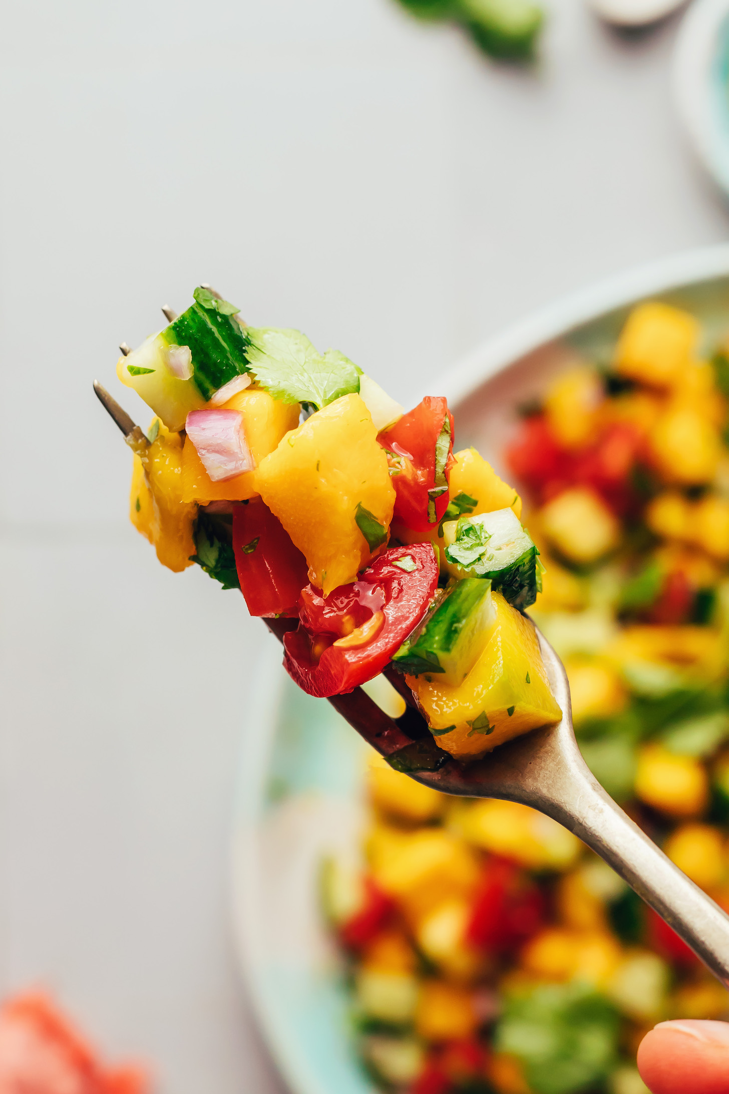 Close up photo of a bite of mango cucumber salad on a fork