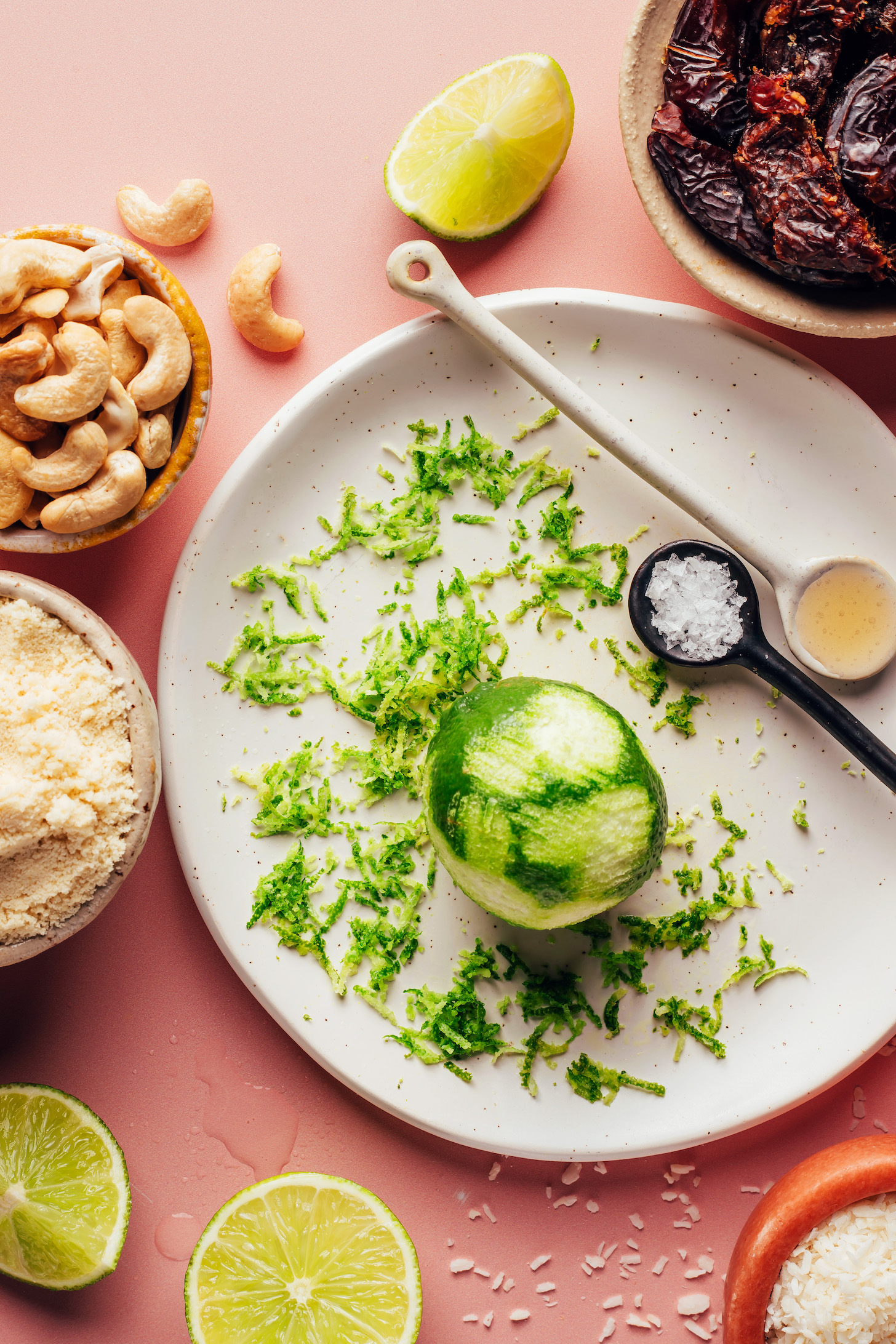 Medjool dates, limes, cashews, almond flour, shredded coconut, salt, and vanilla