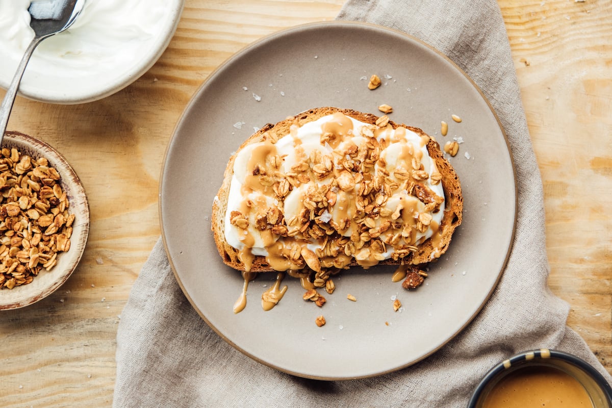 yogurt toast with peanut butter and banana