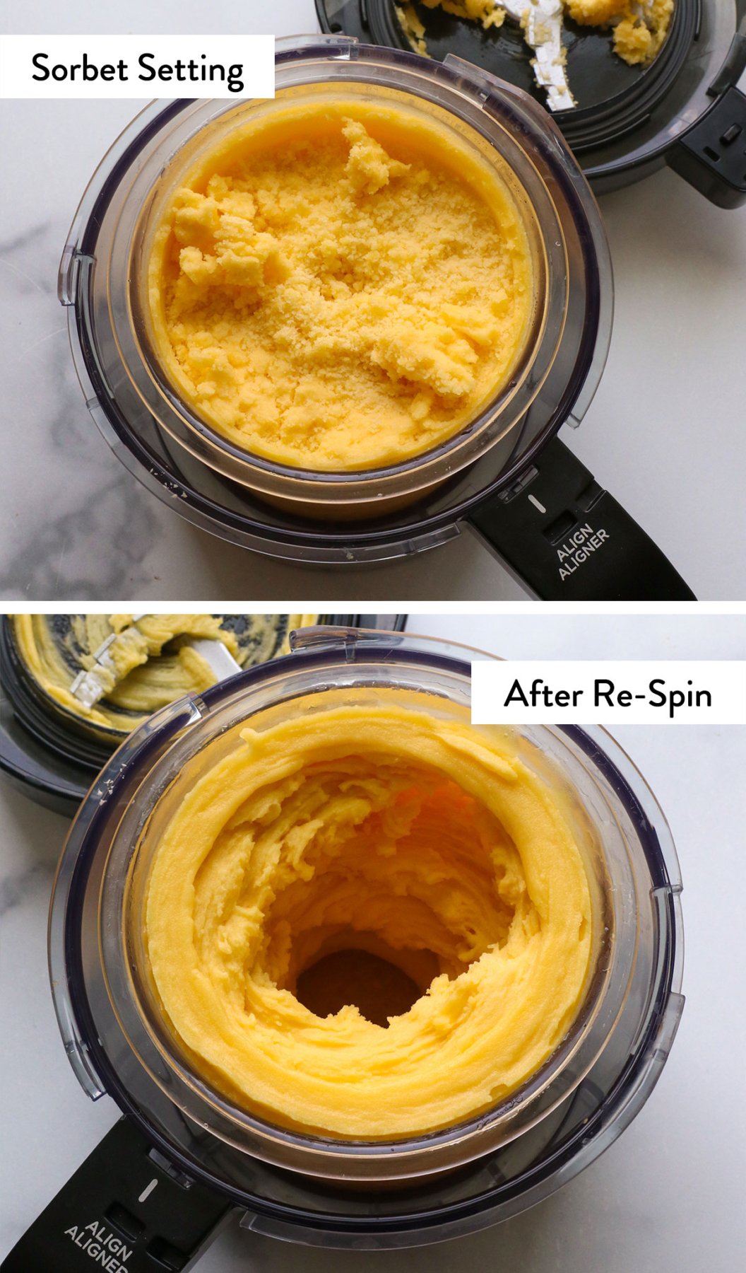 mango sorbet spun in a Ninja Creami machine twice.