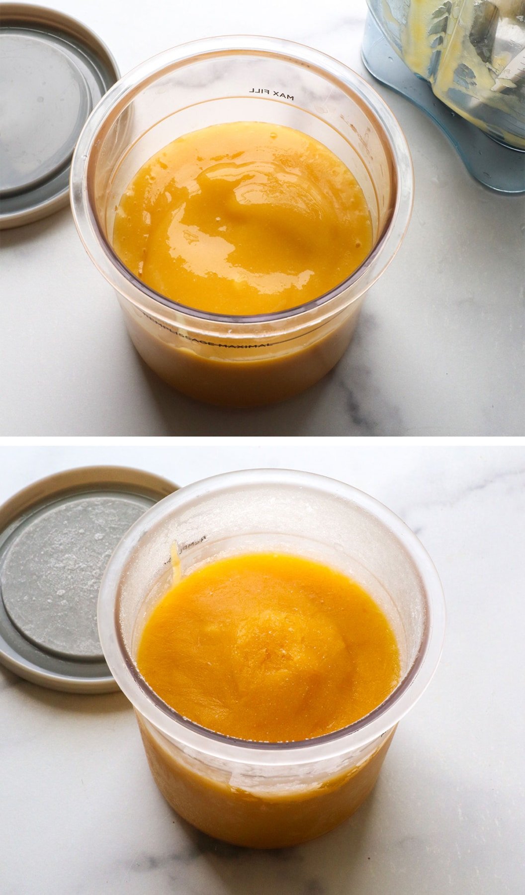 Mango sorbet poured into a Ninja creami pint and frozen.