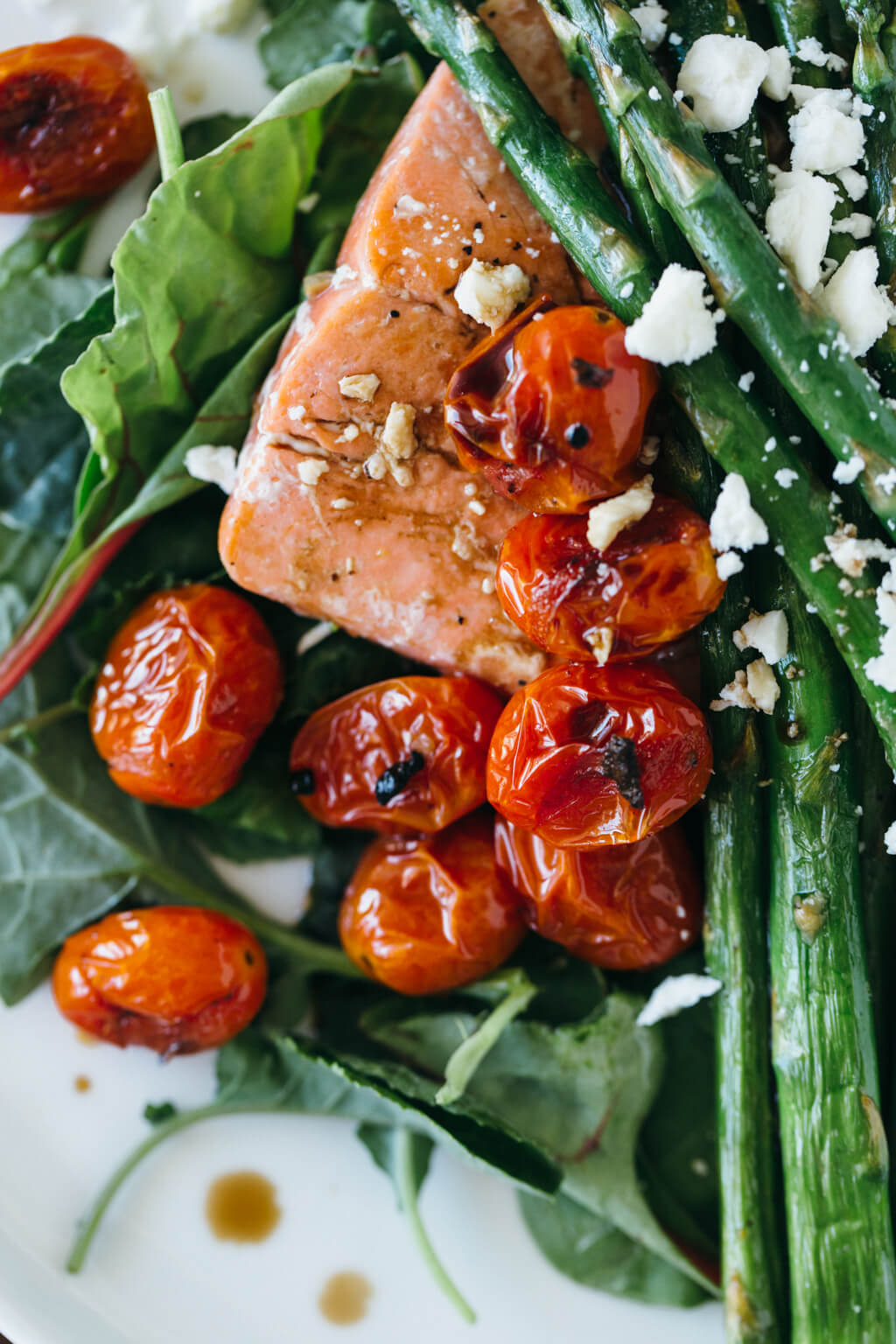 (gluten-free, paleo) Salmon Asparagus Salad with Blistered Tomatoes.