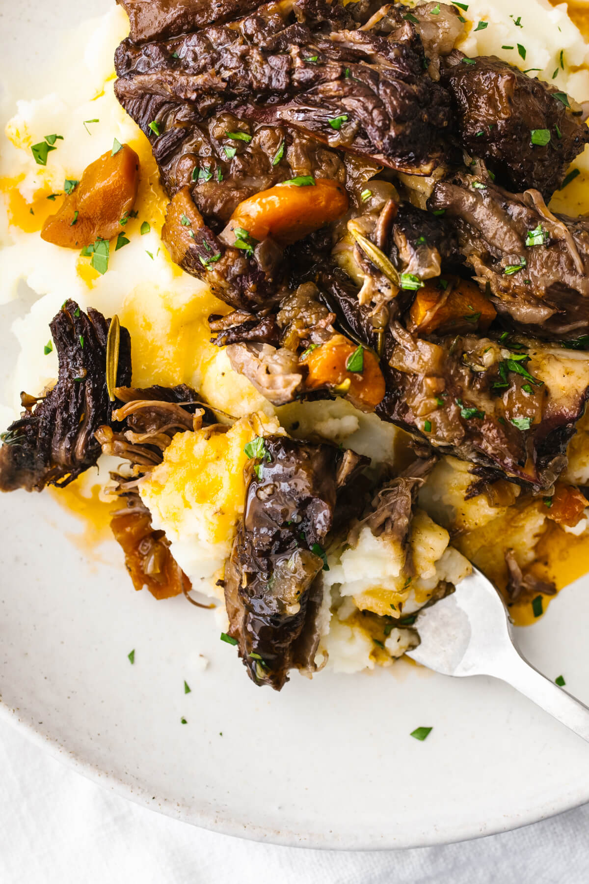 Red wine braised short ribs on top of mashed potatoes