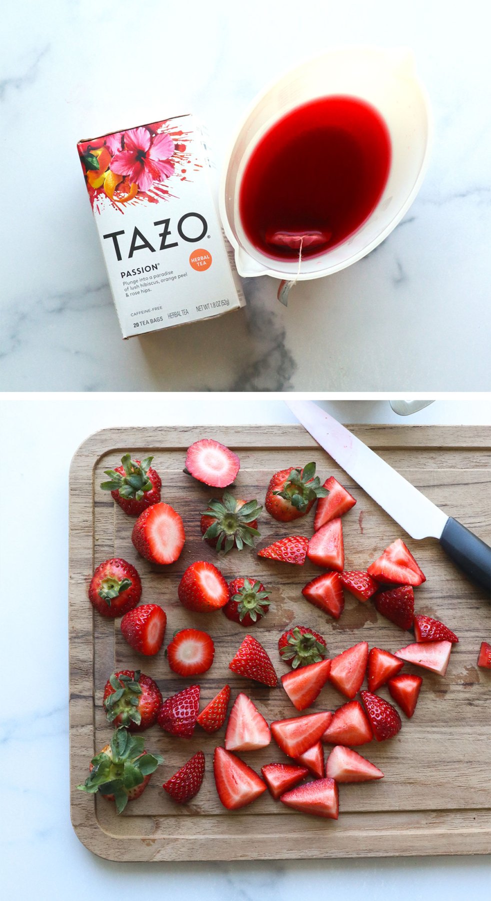 tazo tea brewed and strawberries sliced.