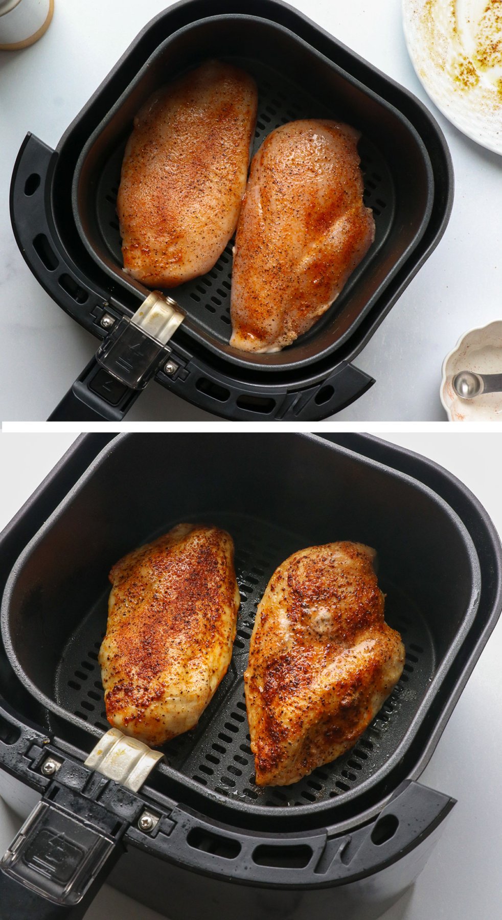 chicken breasts in the air fryer before and after cooking
