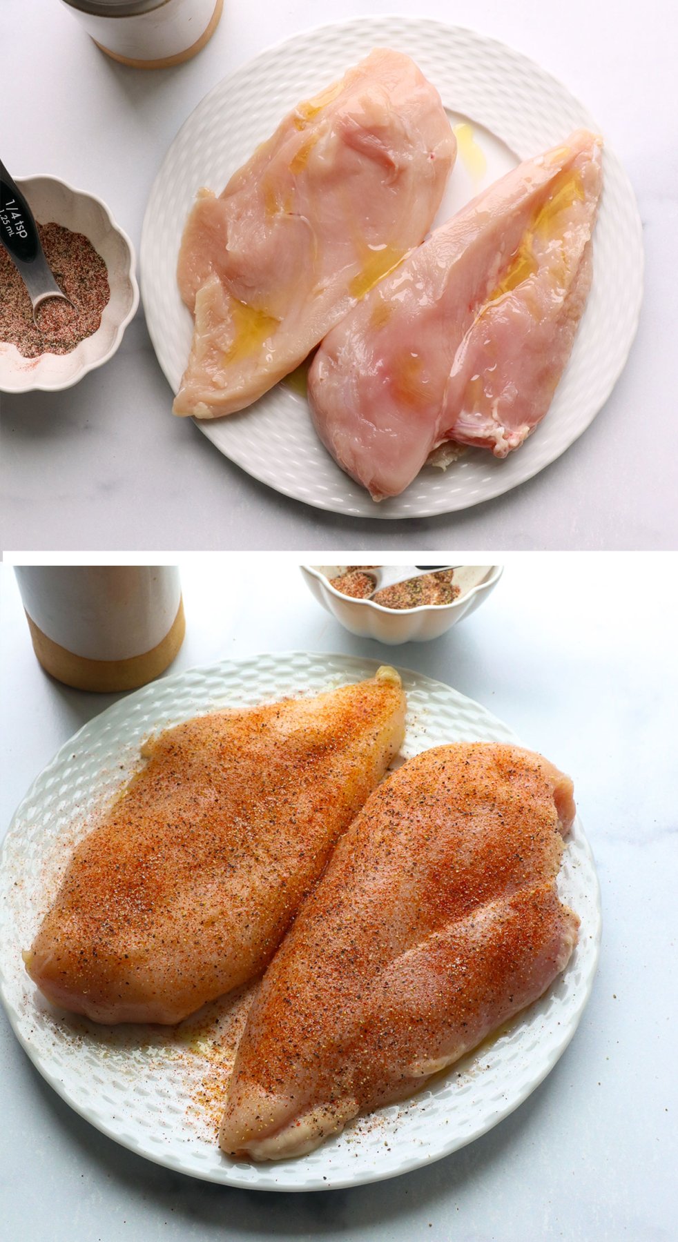 chicken with olive oil and seasonings on top.