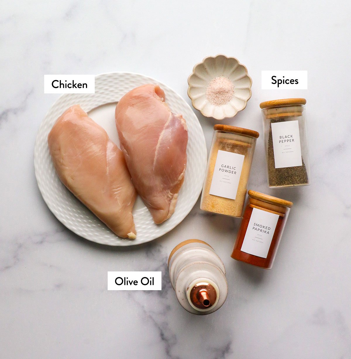 chicken breasts on a plate with spices and olive oil labeled.