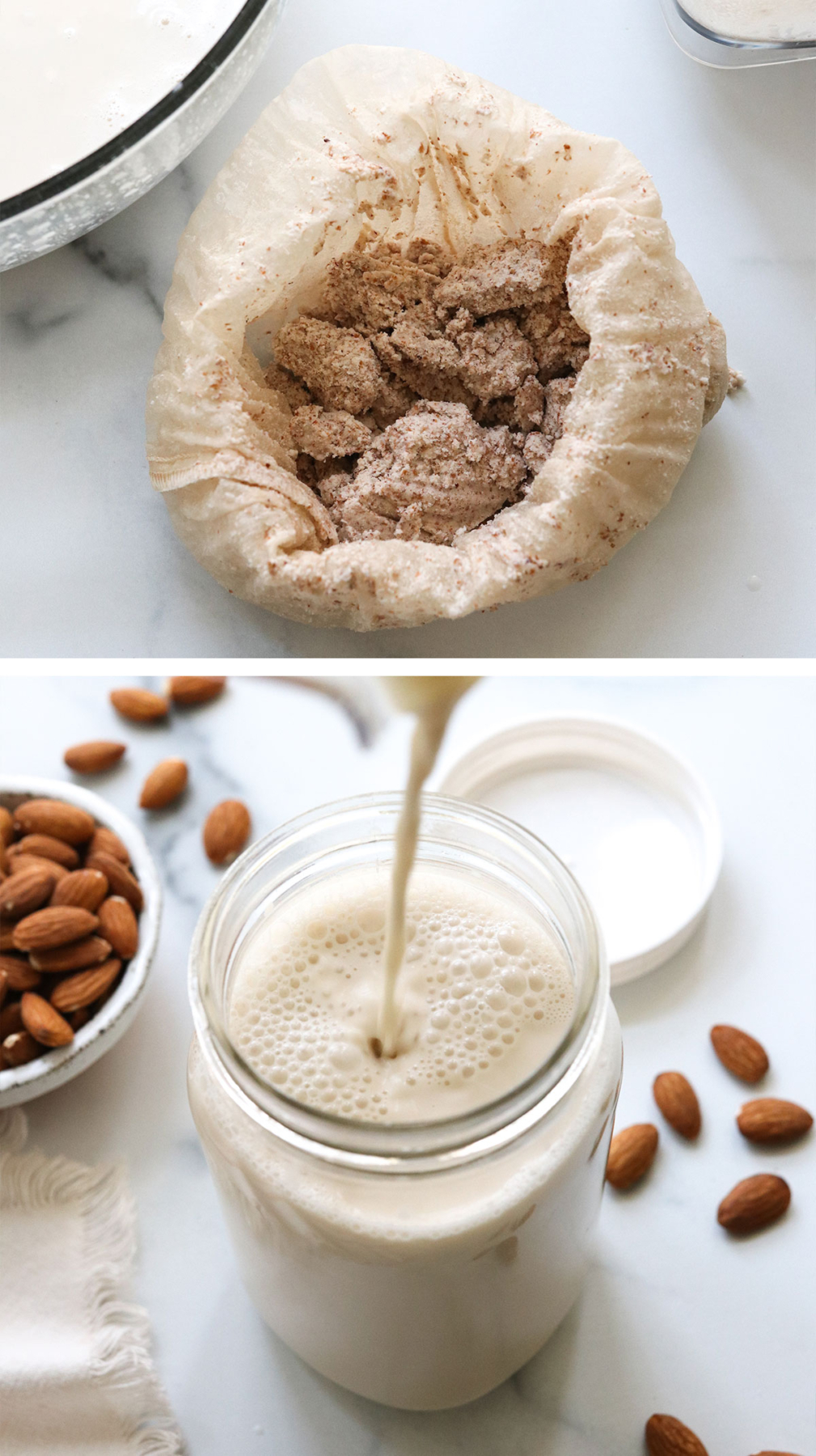 almond pulp in a bag and the milk poured into a jar.
