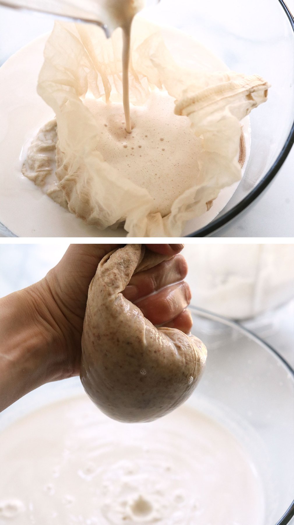 almond milk poured into a nut milk bag and squeezed.