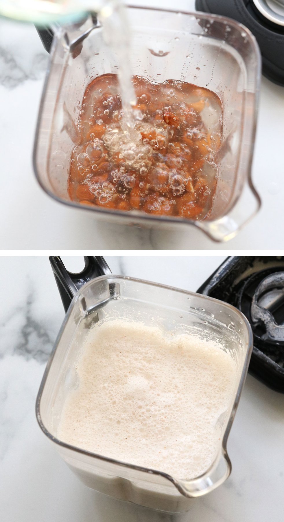 water and almonds blended together in a blender pitcher.
