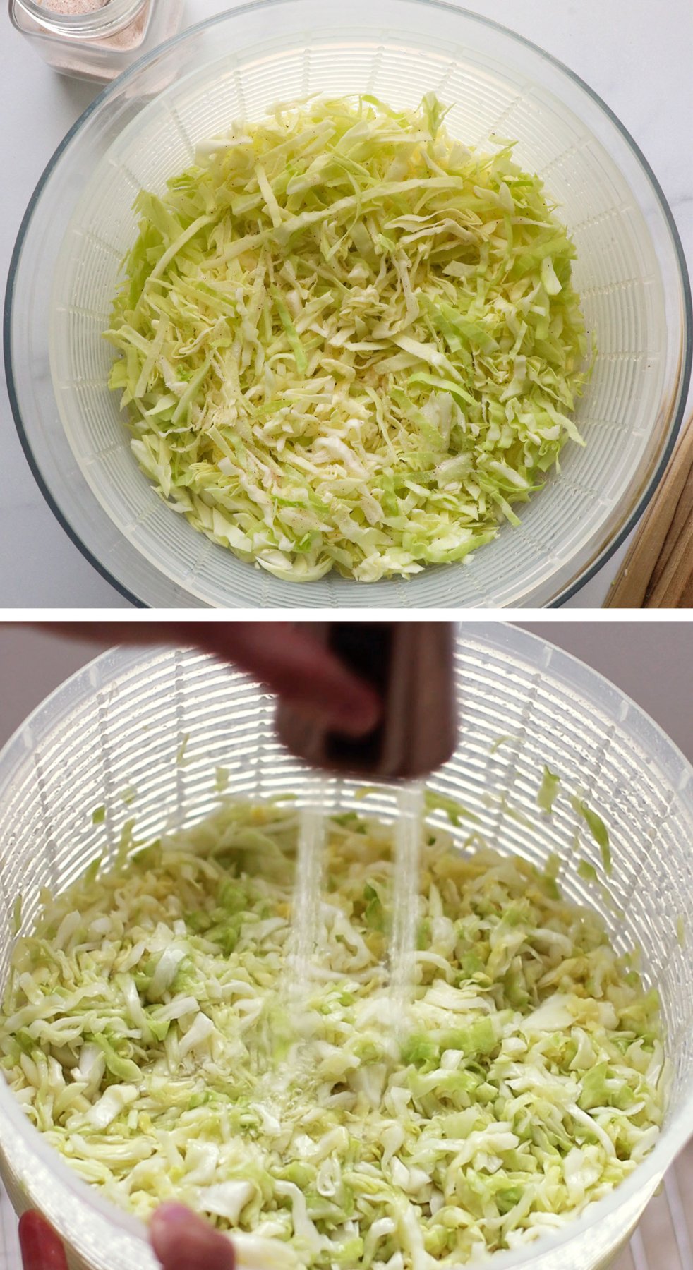 cabbage salted and rinsed in a salad spinner colander.