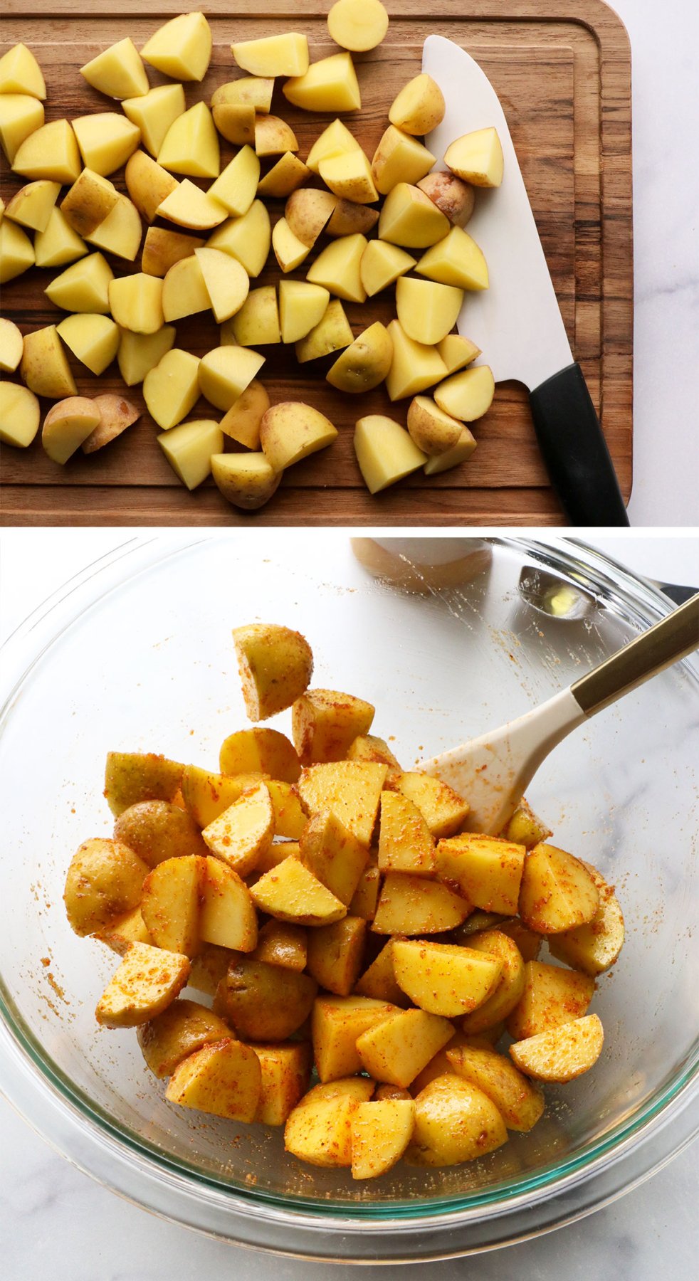 potatoes cut on a board and mixed with spices in a bowl.