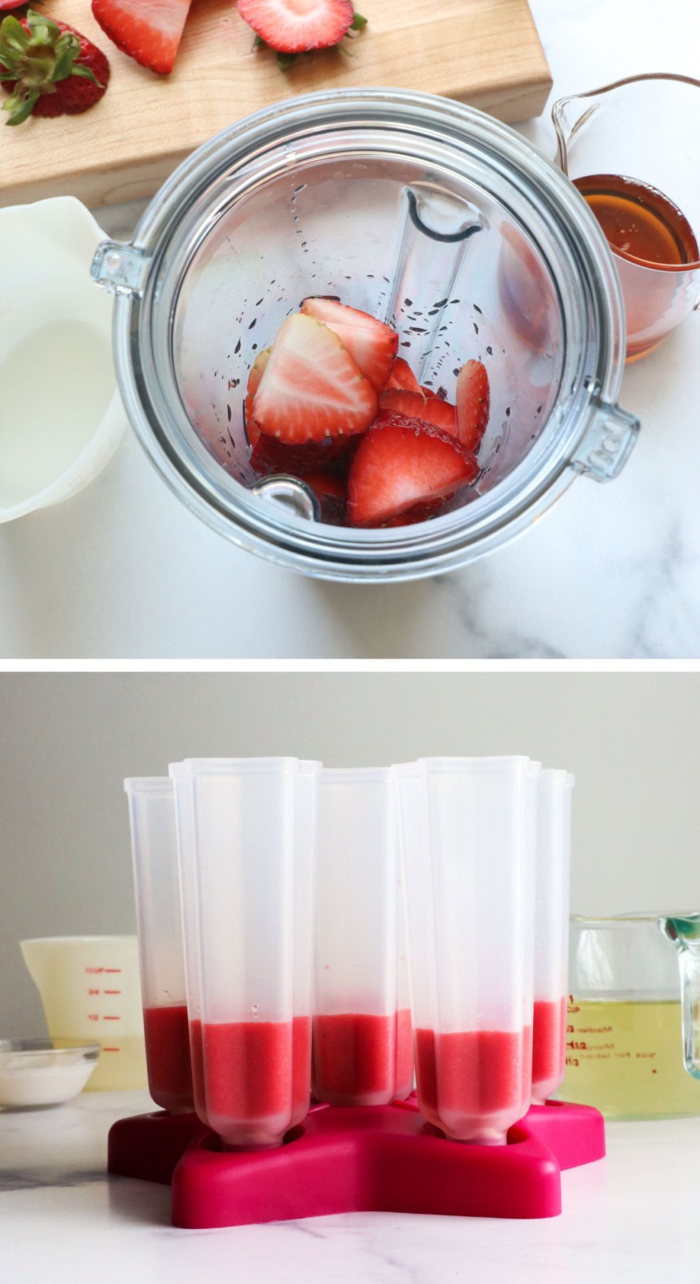 strawberries blended and added to a popsicle mold.