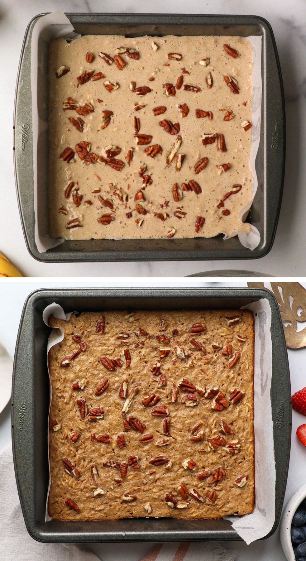 protein baked oatmeal in a pan before and after baking.