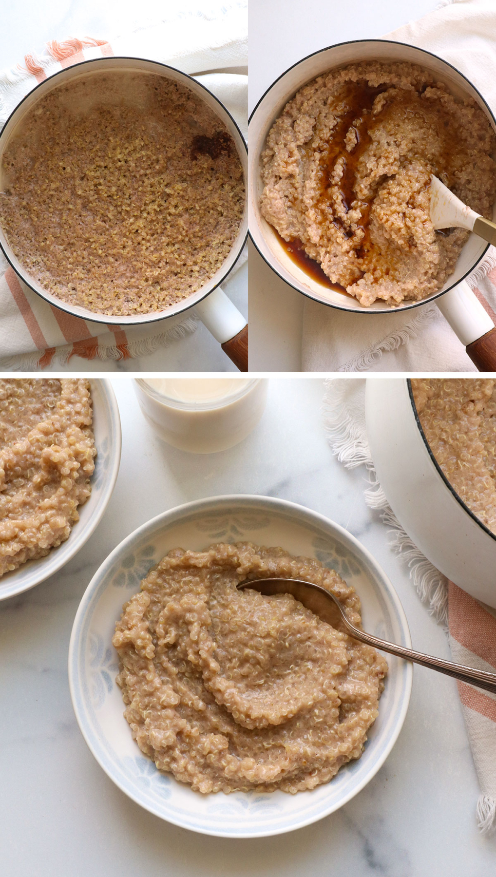 cooked quinoa porridge with maple syrup added in.