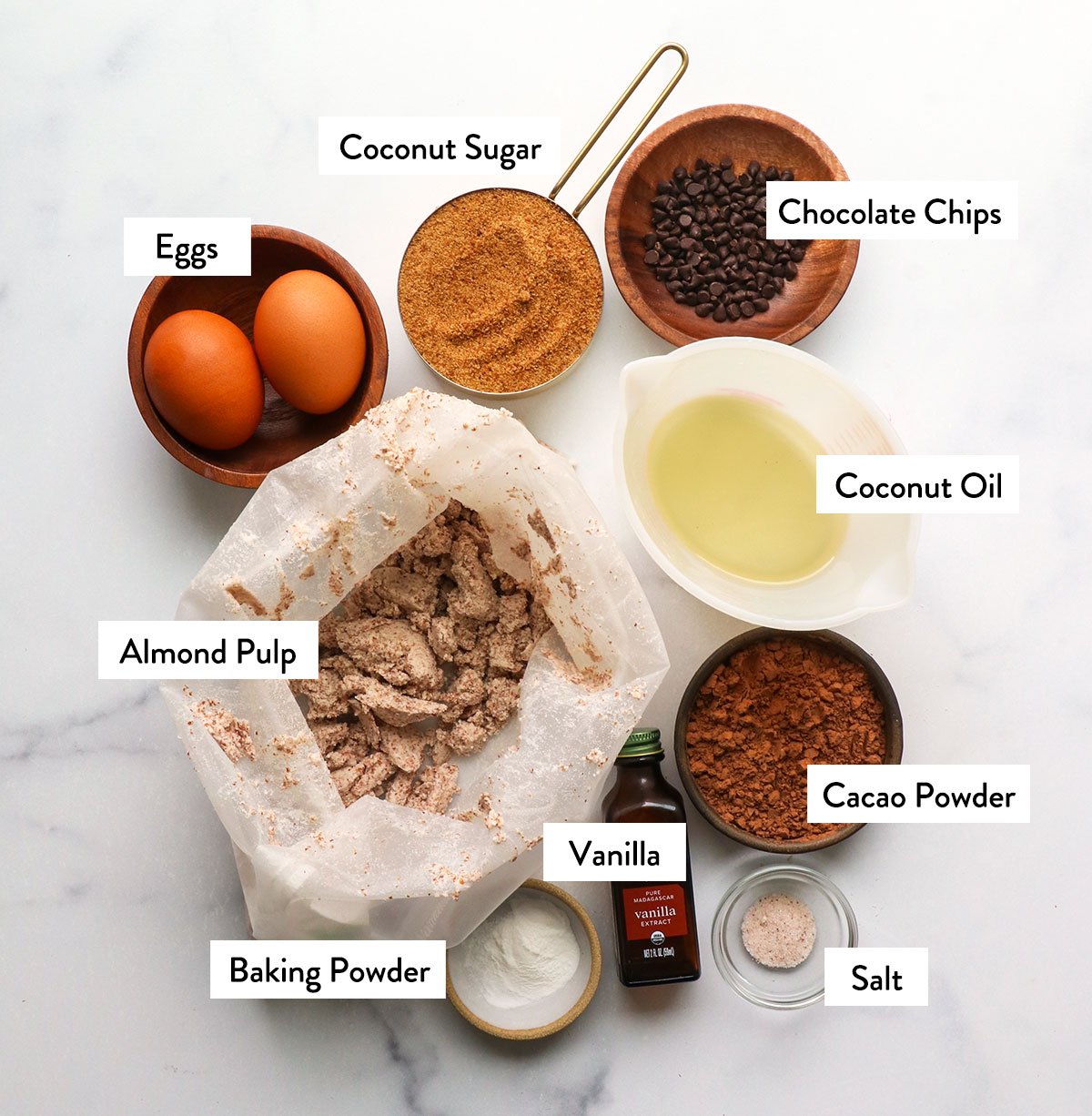 almond pulp, eggs, coconut sugar, cacao powder, and coconut oil labeled.