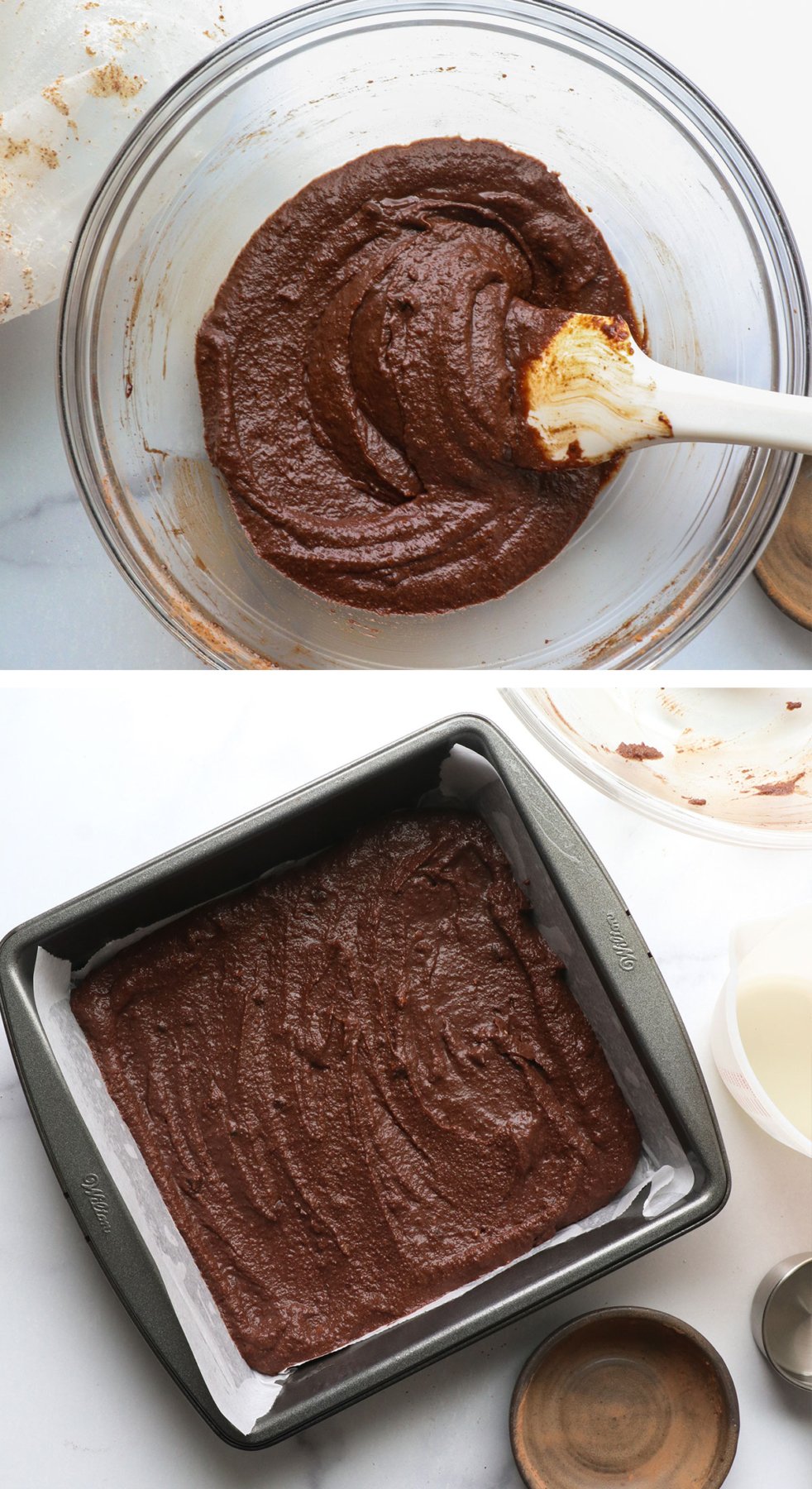 almond pulp brownie recipe stirred and spread in a pan.