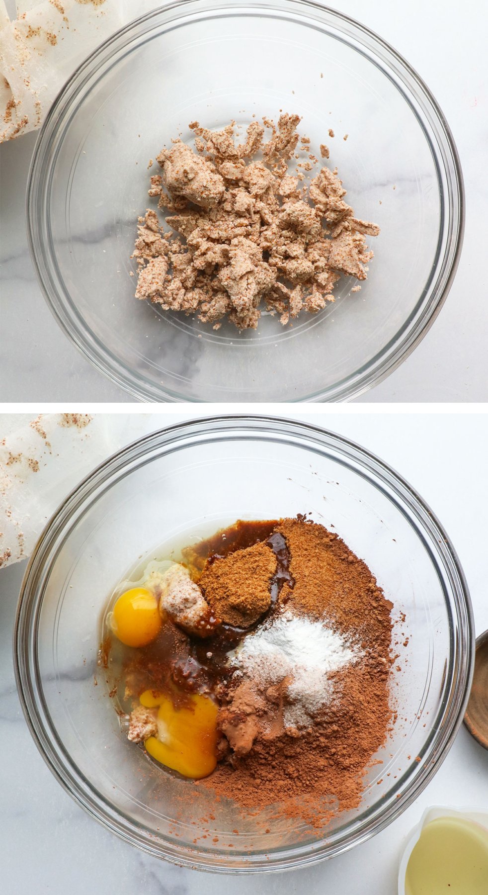almond pulp in a large bowl with brownie ingredients.