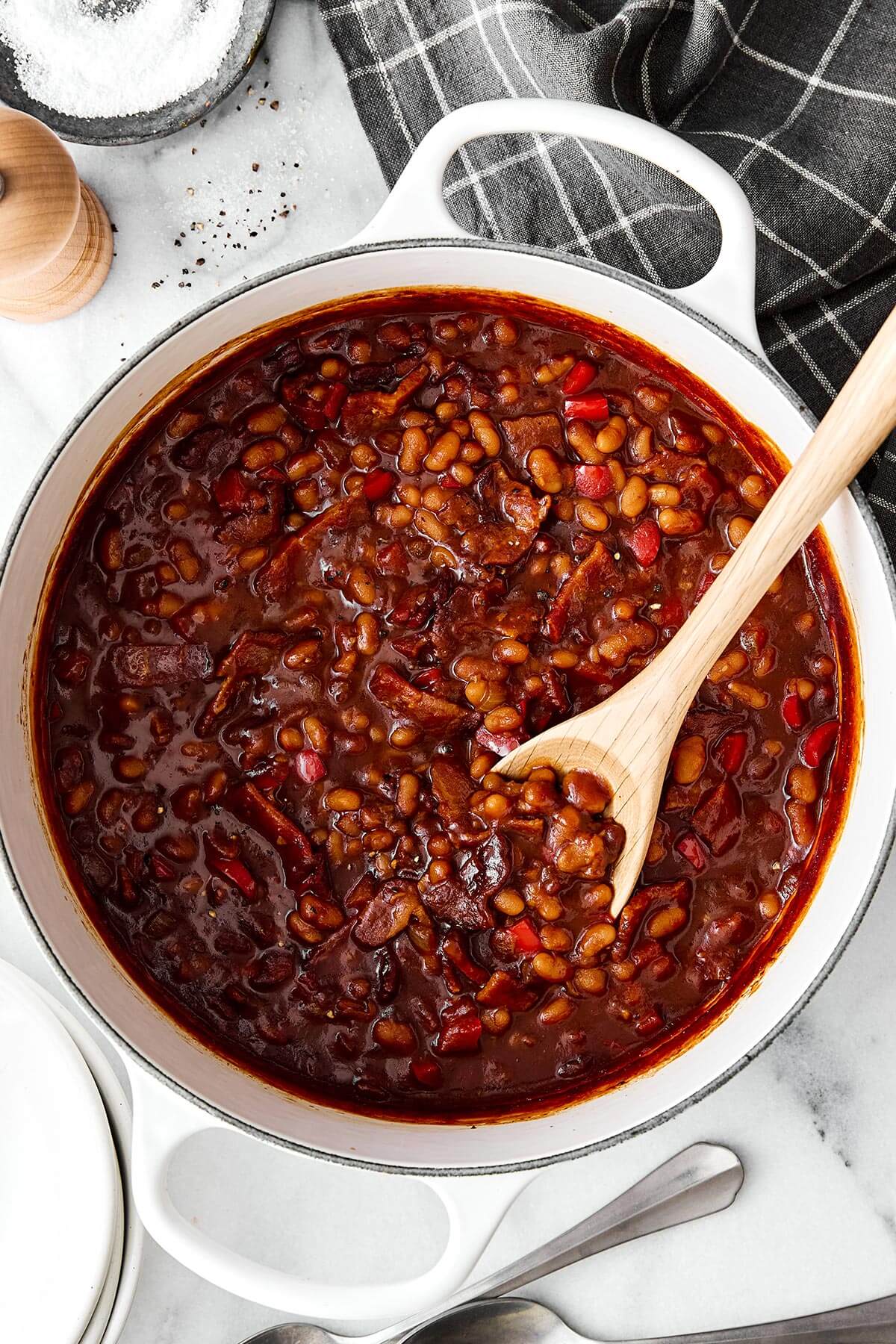 A pot of baked beans.