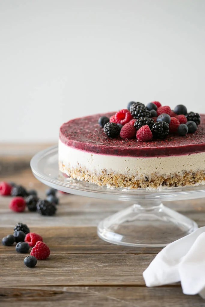 (gluten-free, dairy-free, paleo, vegan) One of my favorite raw cheesecake recipes - raw mixed berry and vanilla bean cheesecake.