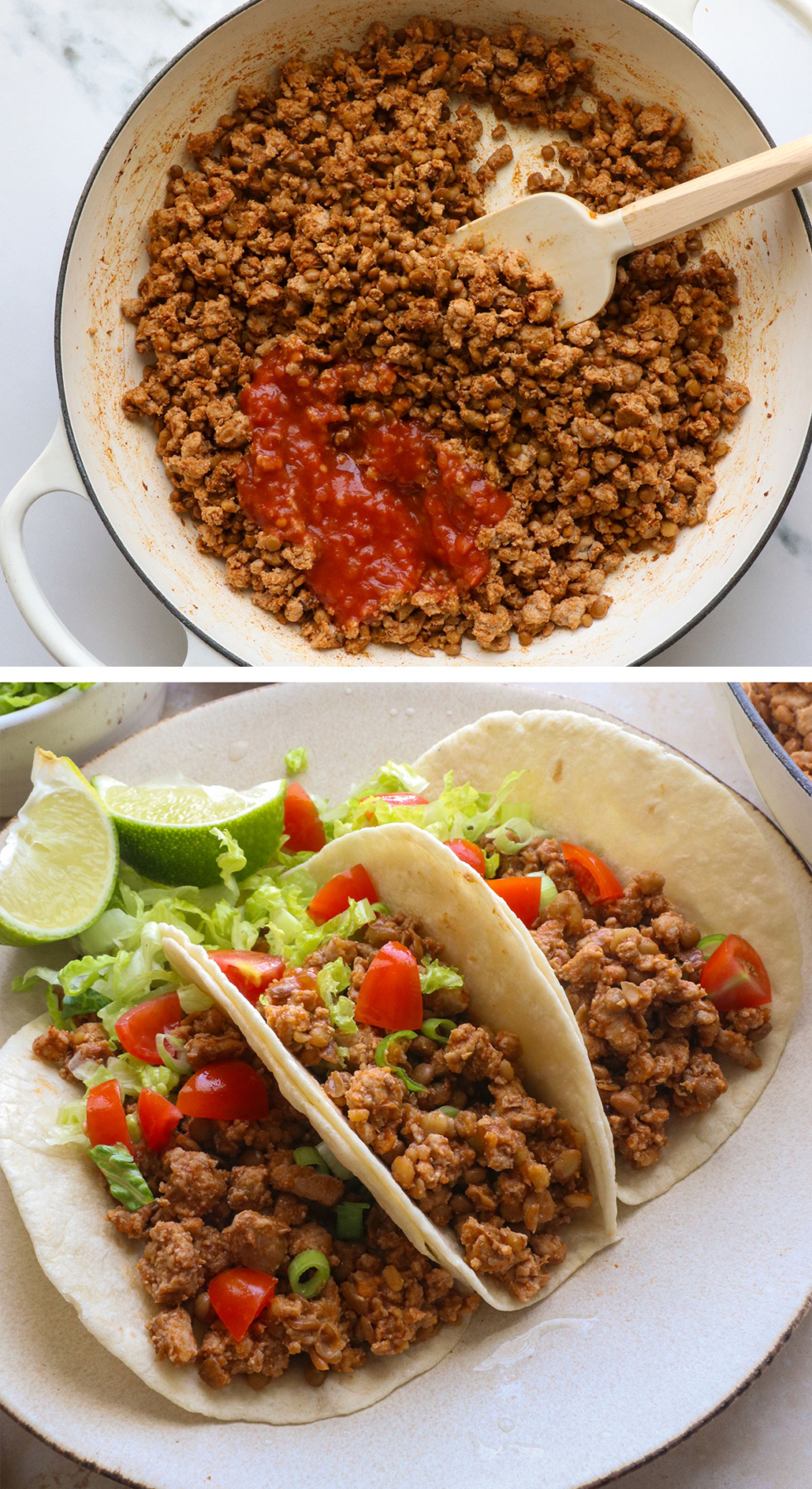 salsa added to a skillet of turkey meat and served with tortillas.
