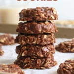 no bake cookies stacked on a pan and labeled for pinterest.