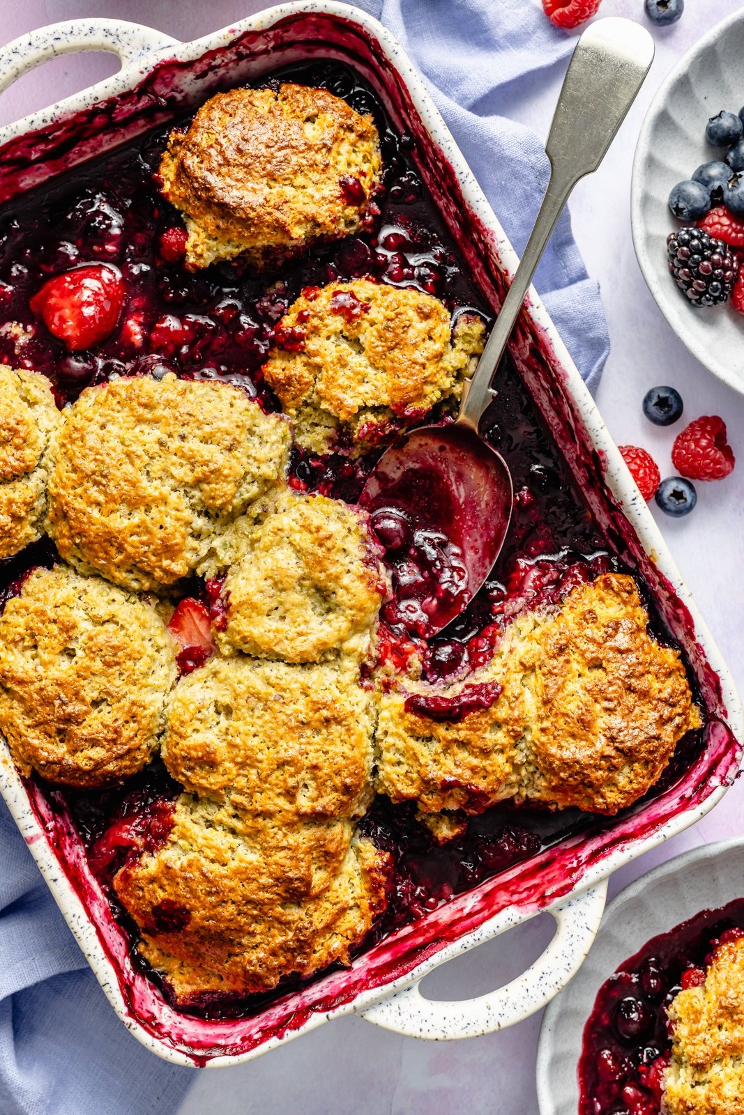 berry cobbler in a baking dish