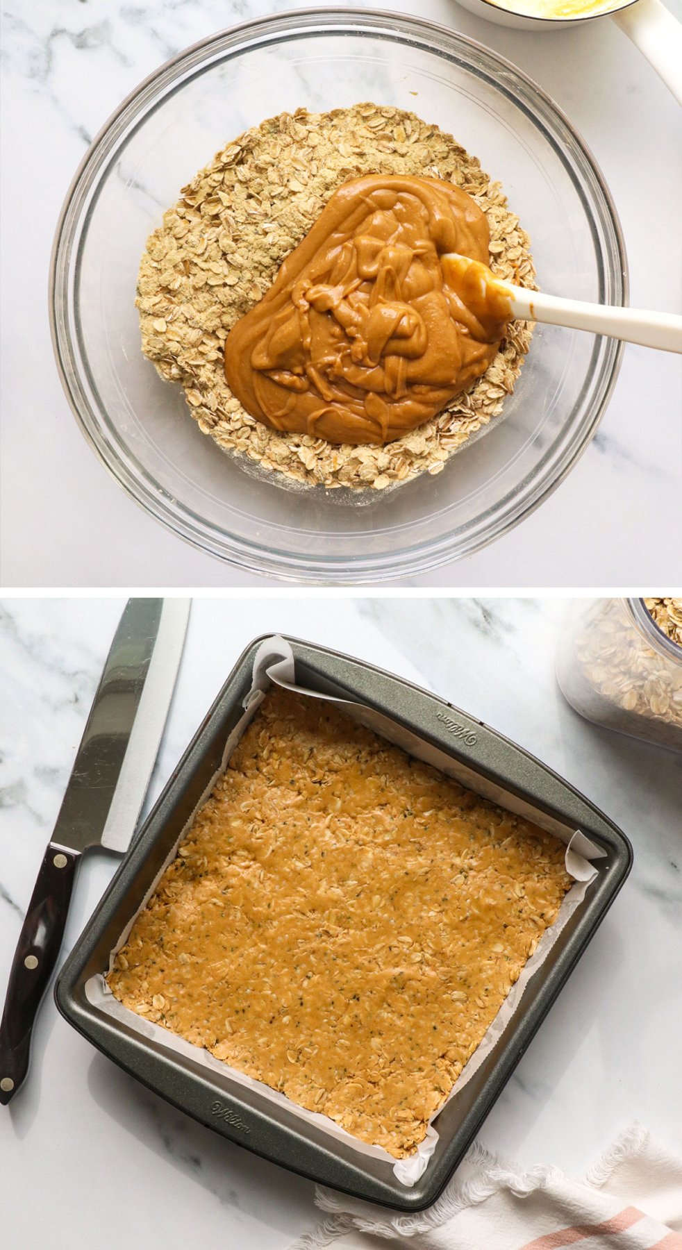 peanut butter mixture added to the bowl and pressed into a pan.