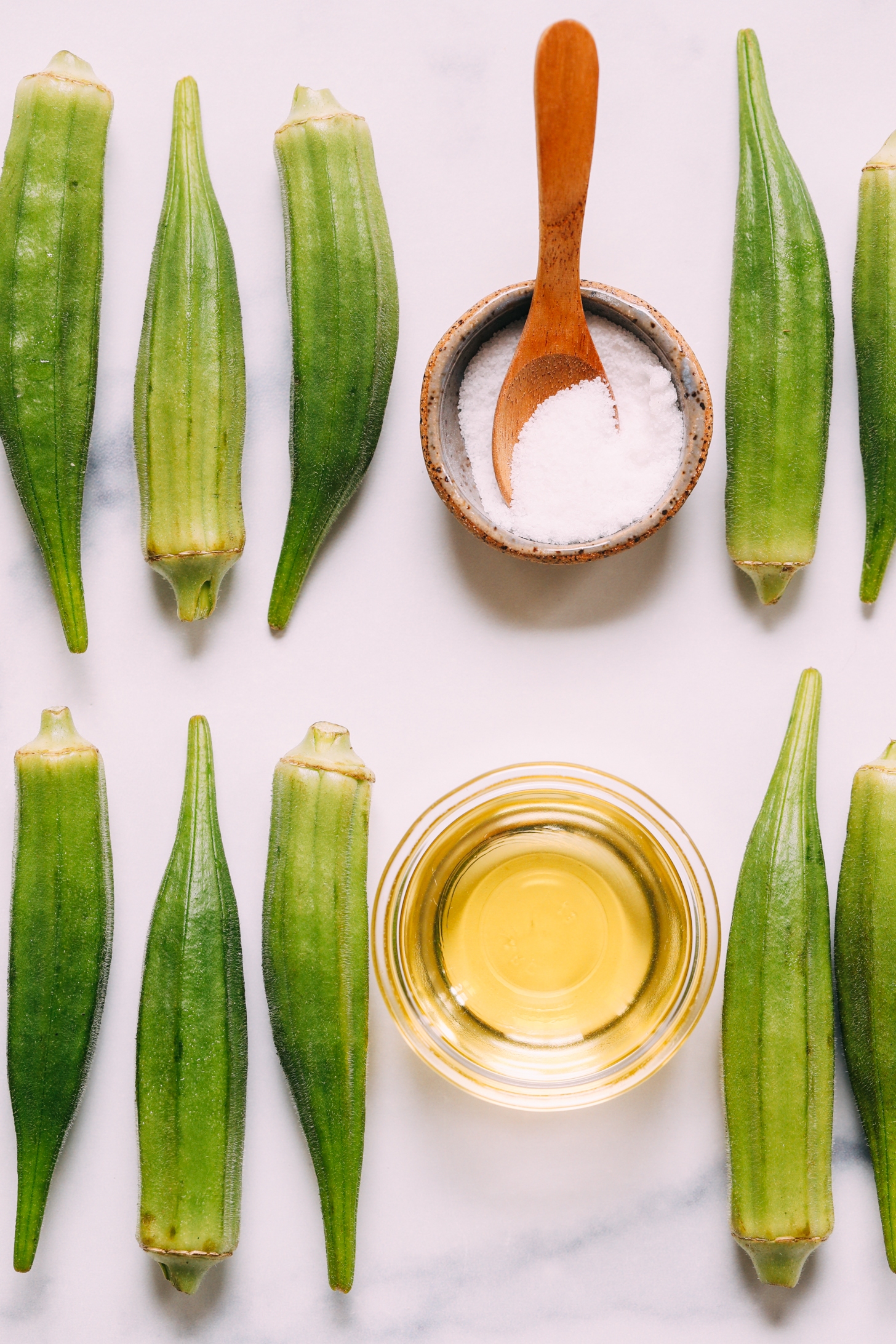 Okra pods, avocado oil, and salt