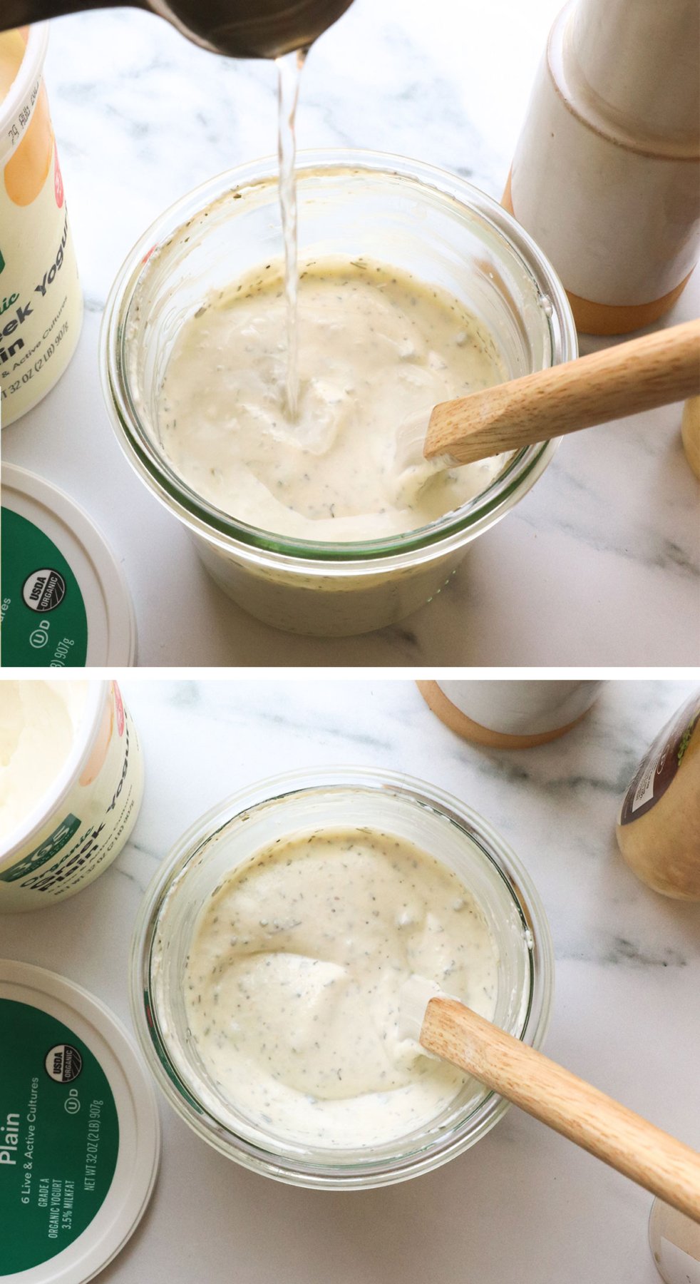 water added to greek yogurt salad dressing and mixed until smooth.