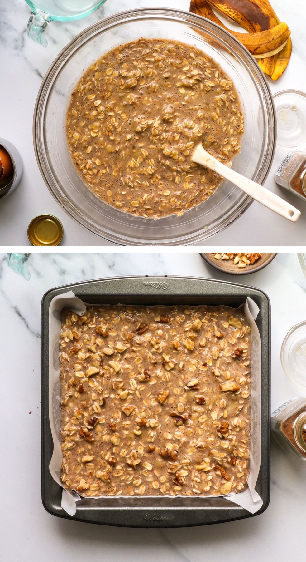 baked oatmeal mixed in a bowl and transferred to a baking pan.