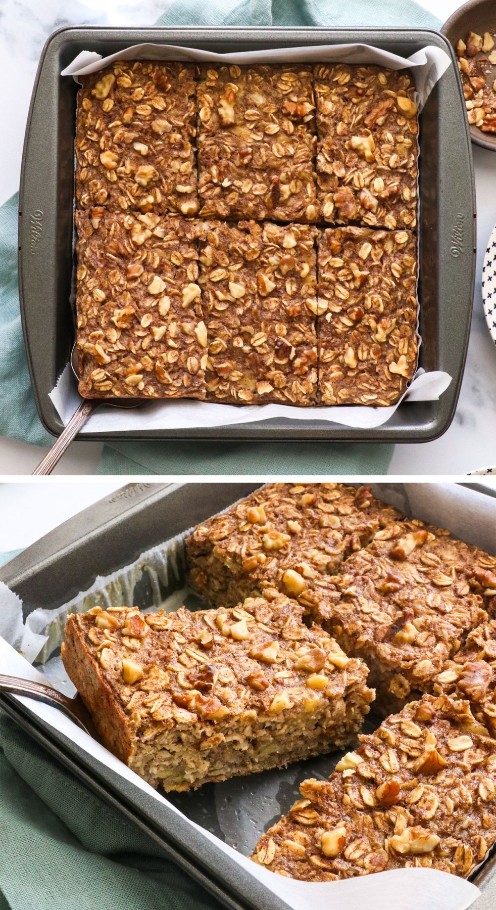 baked oatmeal sliced into 6 squares and lifted on a spatula.