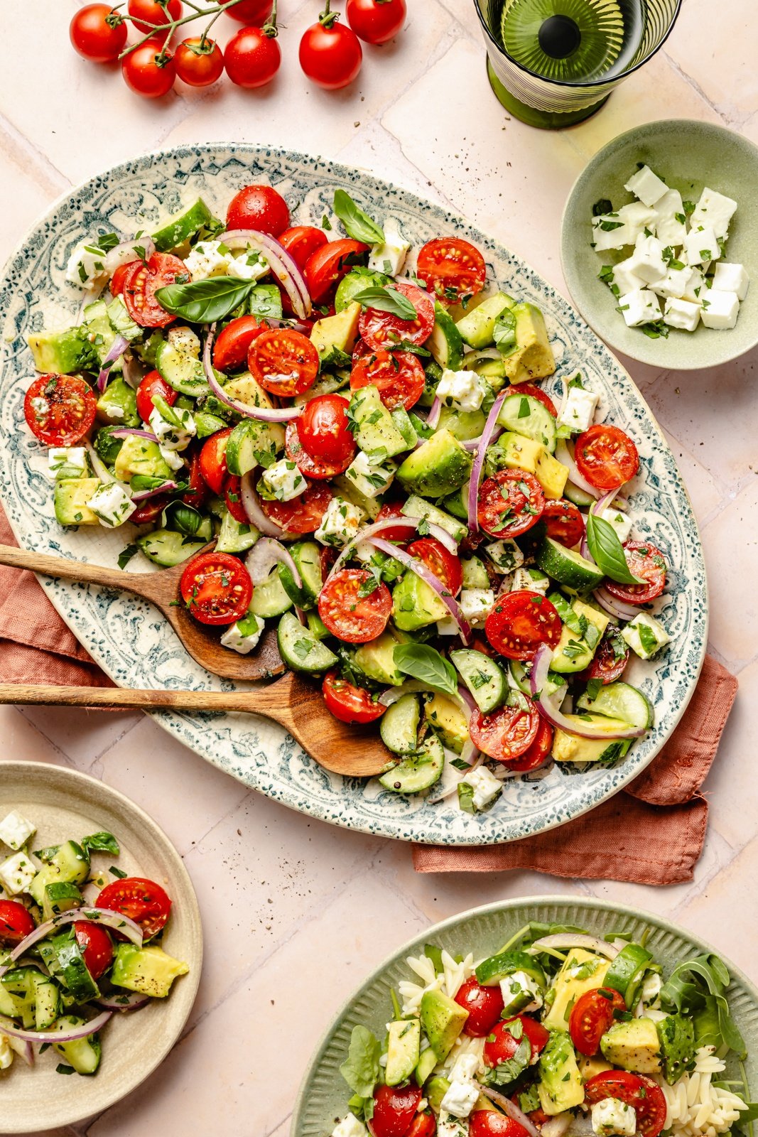 tomato cucumber salad on a platter