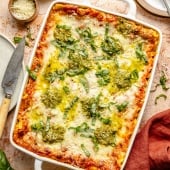 vegetarian lasagna with pesto in a pan