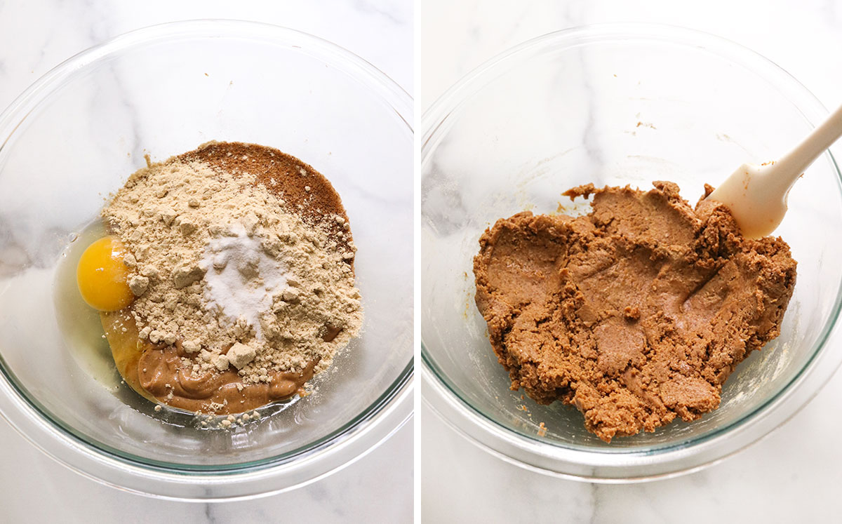 protein cookie dough mixed in a glass bowl.
