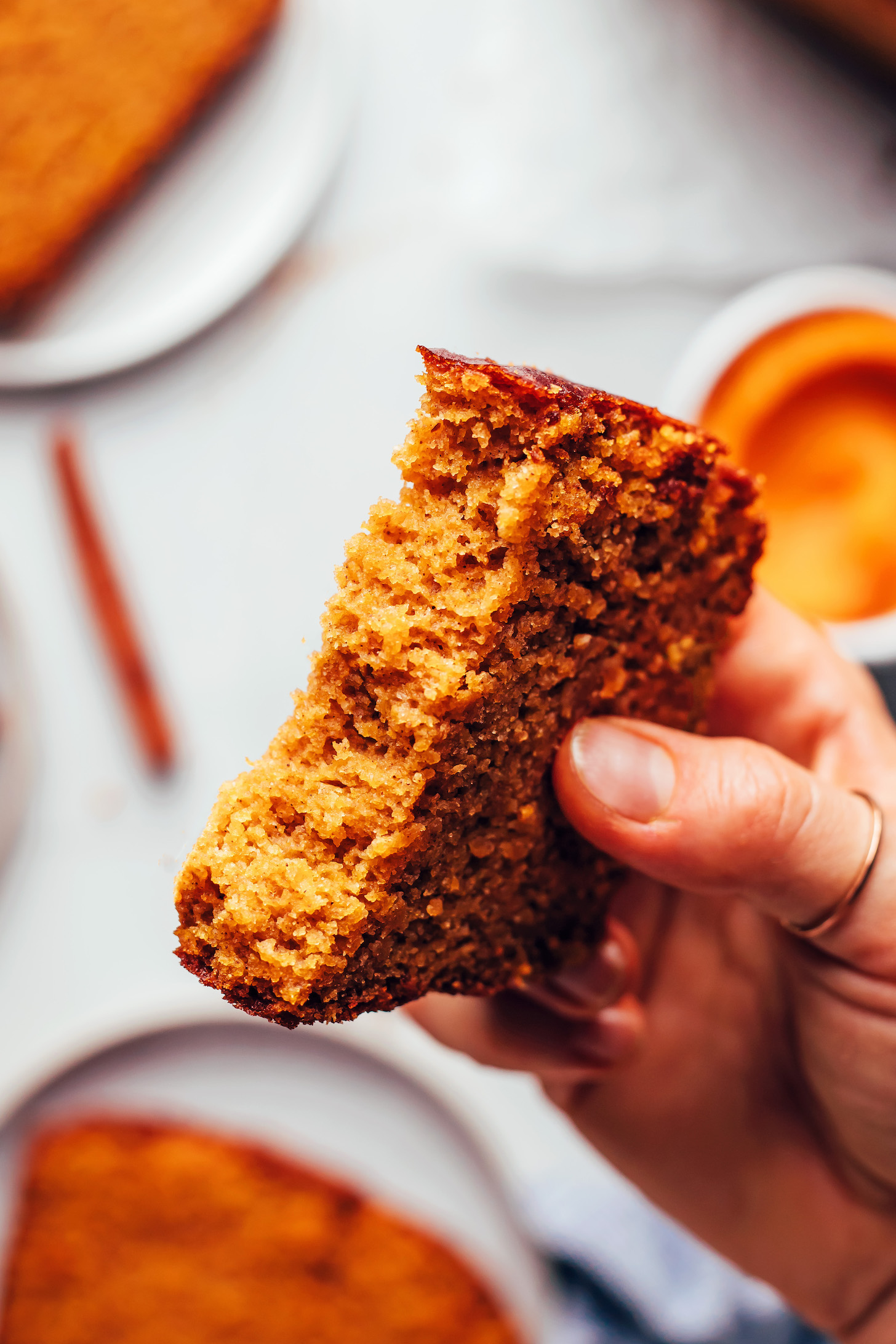 Hand holding a partial slice of gluten-free pumpkin bread to show the perfect crumb texture