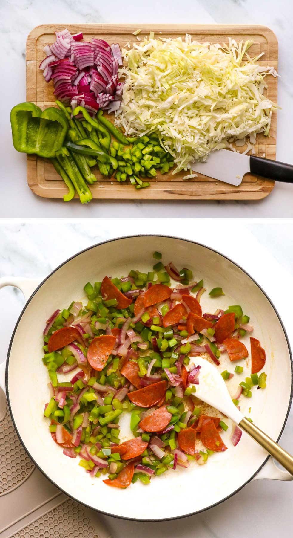 shredded cabbage, red onion, and bell pepper in a pan with pepperoni. 