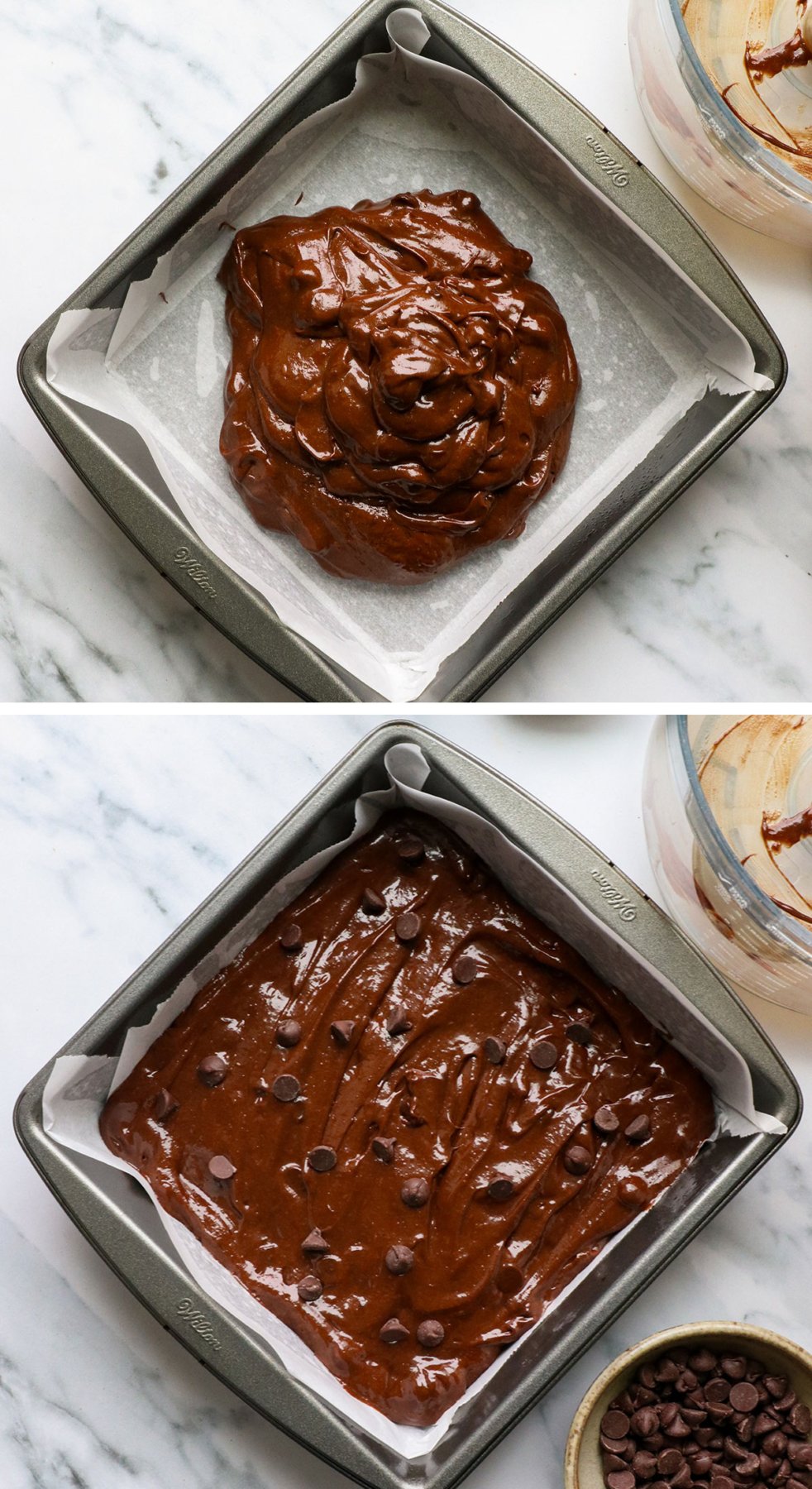 avocado brownie batter spread in a lined pan.
