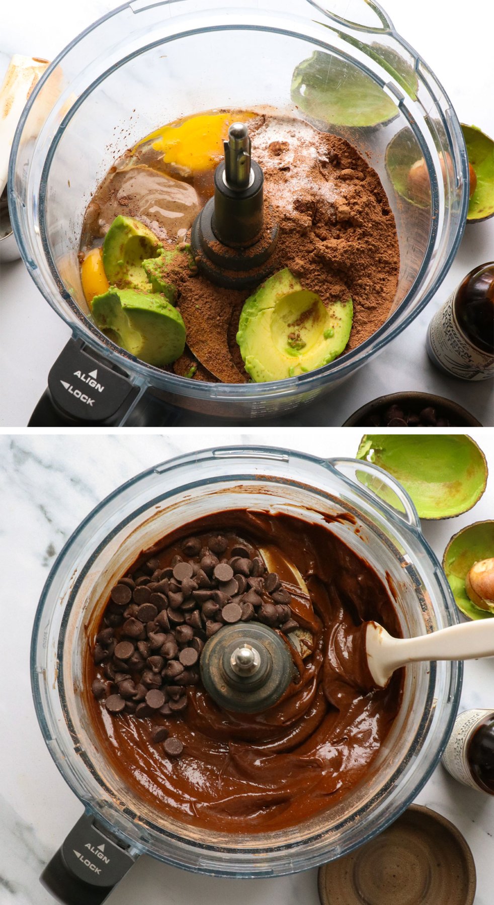 avocado, coconut sugar, cacao powder, and eggs blended for brownie batter.