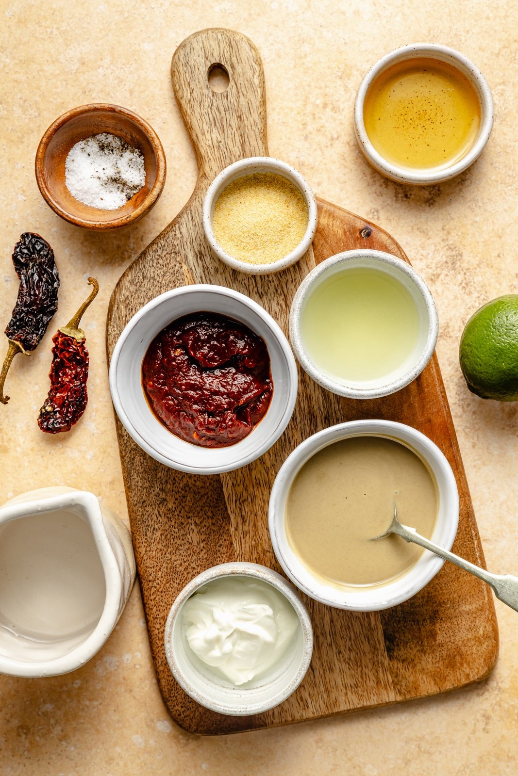 ingredients for chipotle tahini sauce in bowls