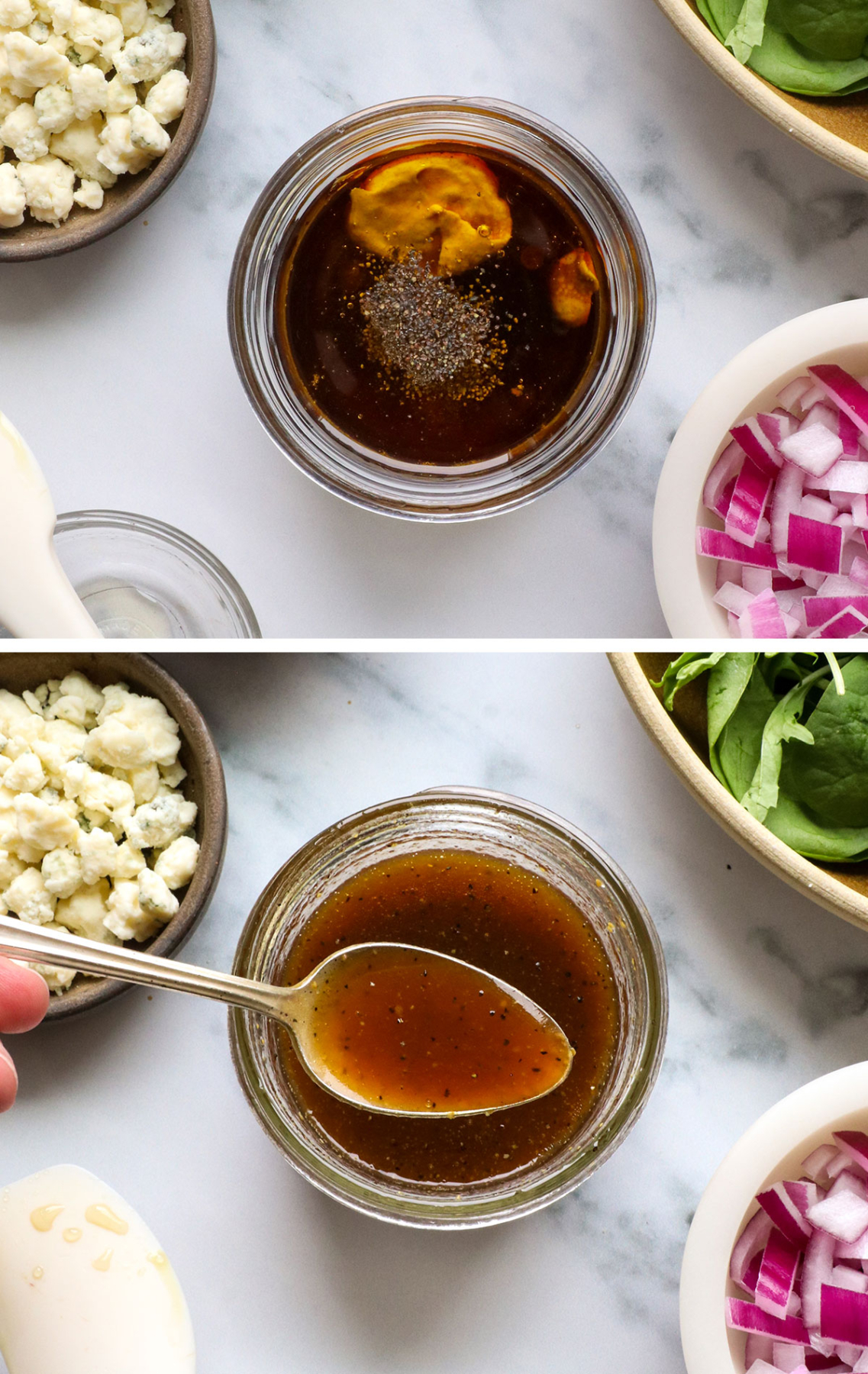balsamic dressing mixed with a spoon in a glass jar. 