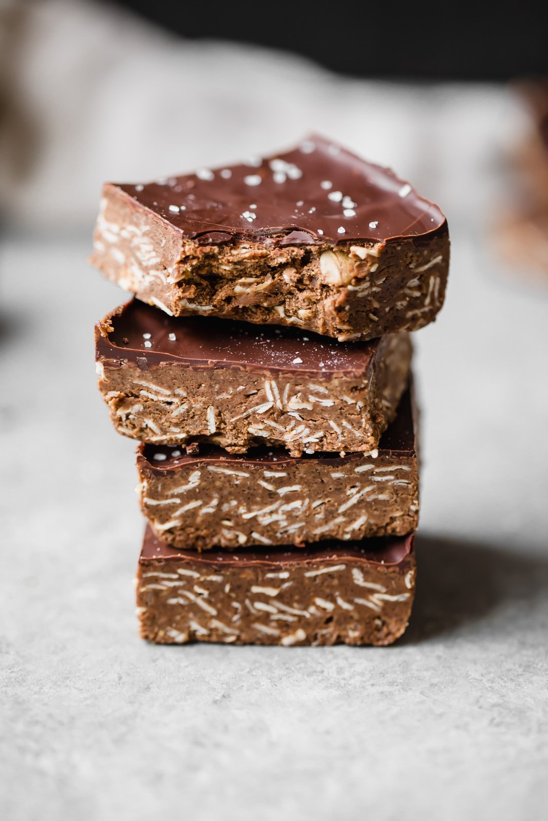 chocolate protein bars in a stack