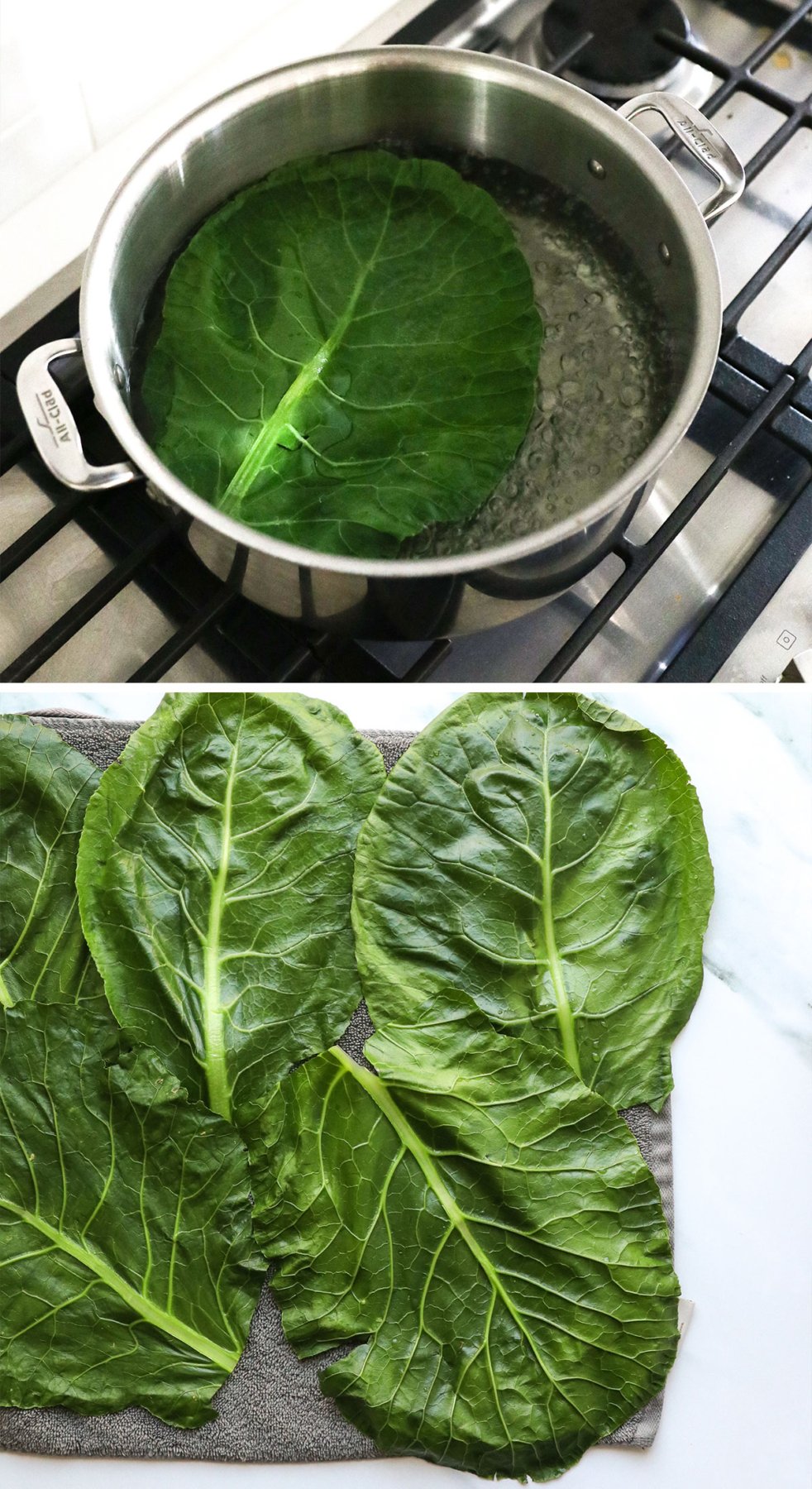 collard leaves blanched and dried on a towel