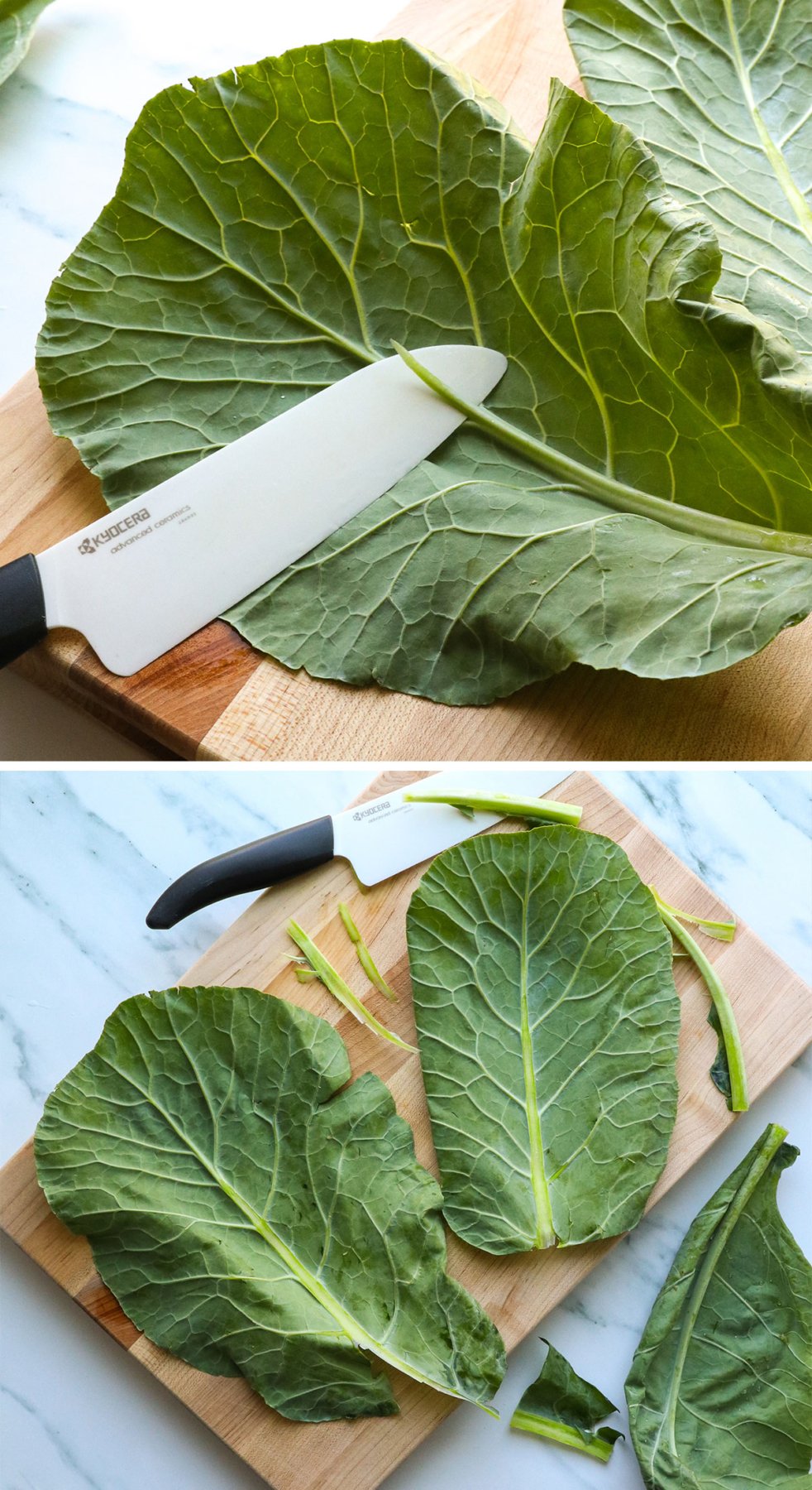 a sharp knife shaving down the stem on collard leaves.