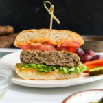 healthy burger sliced in half with toothpick.